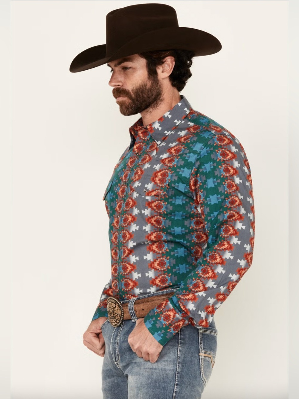 Wrangler Checotah Southwestern Print Western Snap Shirt Men's Large - Picture 7 of 15